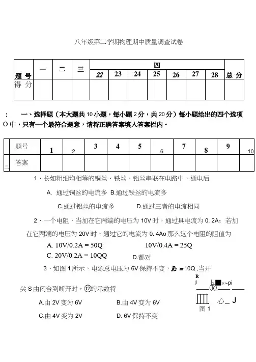 八年级第二学期物理期中质量调查试卷.doc