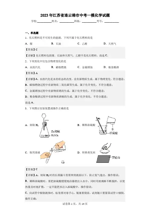 2023年江苏省连云港市中考一模化学试题