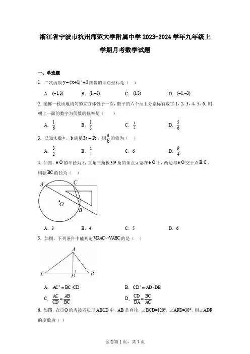 浙江省宁波市杭州师范大学附属中学2023-2024学年九年级上学期月考数学试题