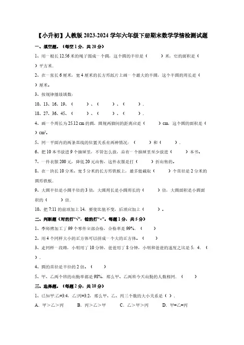 【小升初】人教版2023-2024学年六年级下册期末数学学情检测试题(附答案)