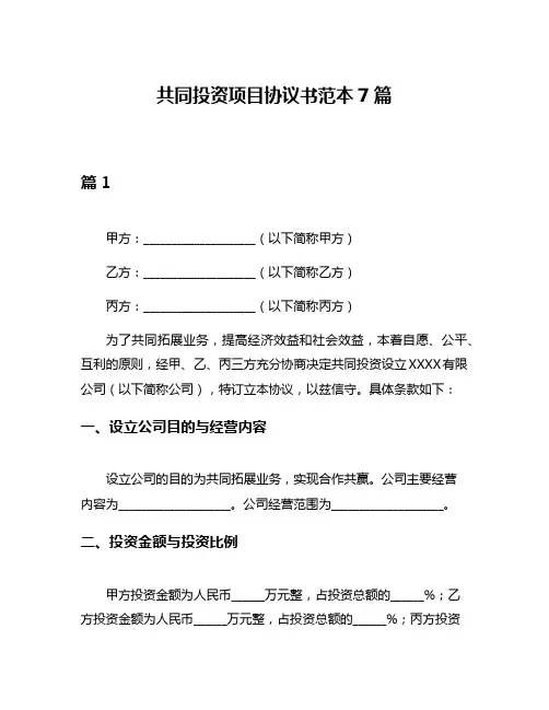 共同投资项目协议书范本7篇