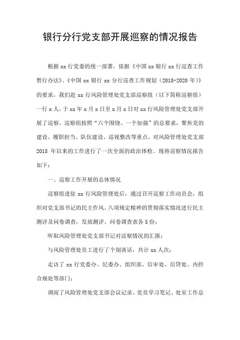 银行分行党支部开展巡察的情况报告
