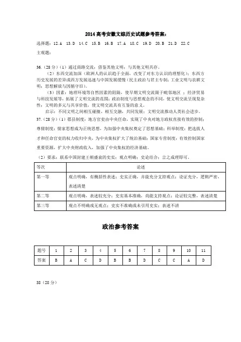 2014高考安徽文综参考答案