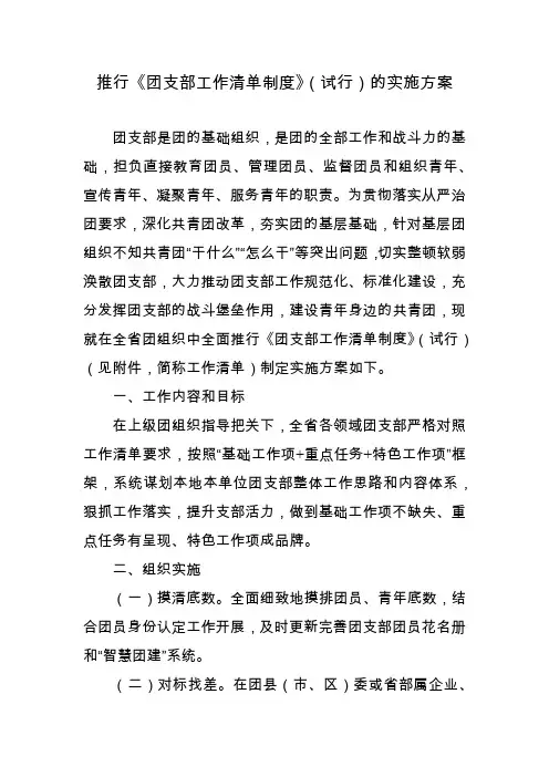 推行《团支部工作清单制度》(试行)的实施方案