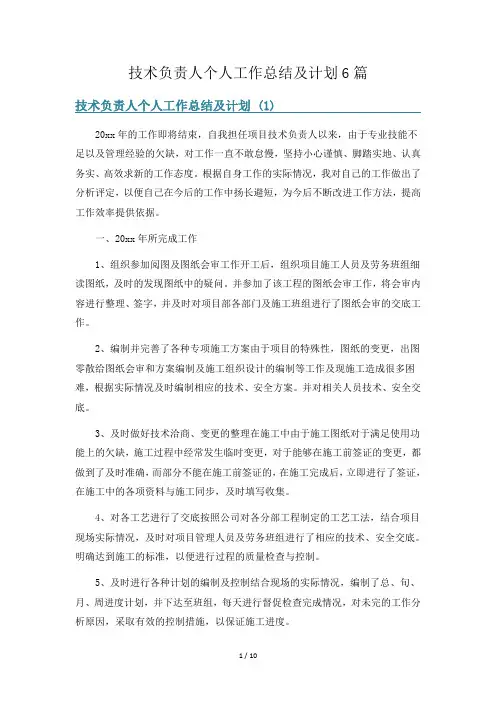 技术负责人个人工作总结及计划6篇