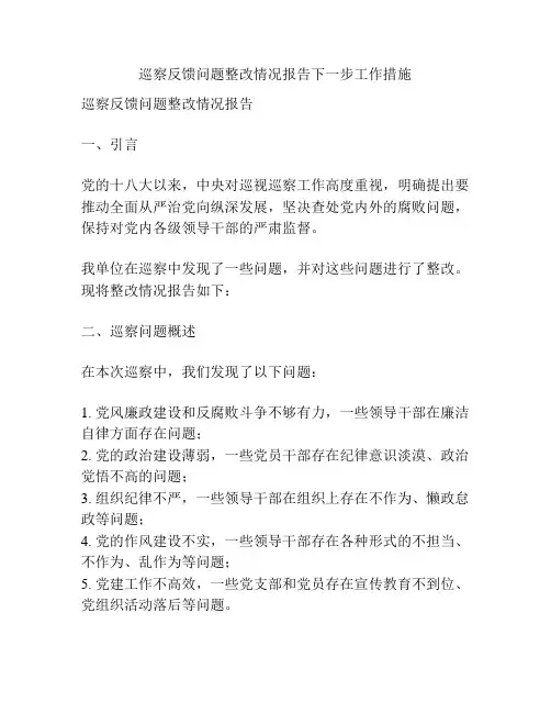 巡察反馈问题整改情况报告下一步工作措施