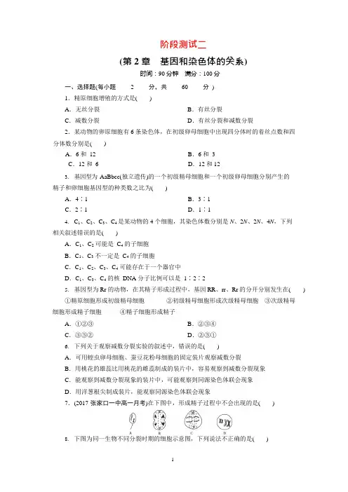 (完整版)人教版高中生物必修二第2章基因和染色体的关系单元测试题(含答案)(2),推荐文档