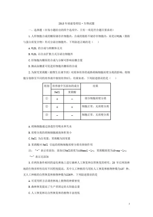 2013年高考生物真题(福建卷)