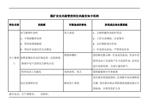 煤矿井上维修工岗位风险告知卡