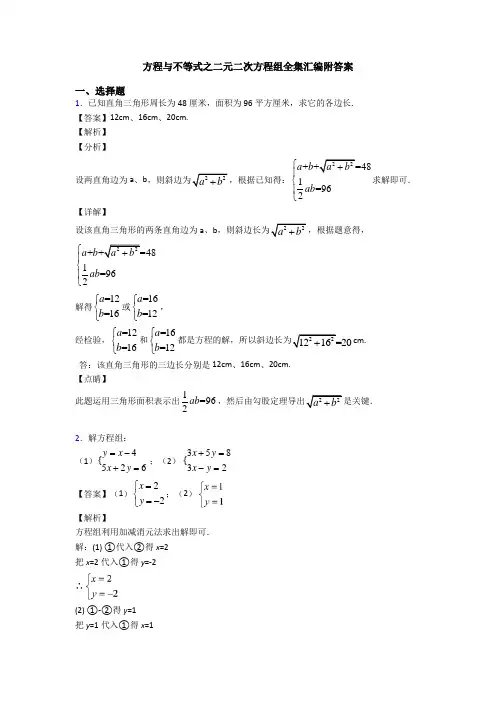 方程与不等式之二元二次方程组全集汇编附答案