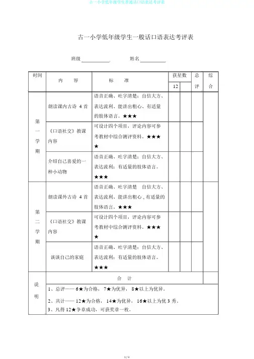 古一小学低年级学生普通话口语表达考评表