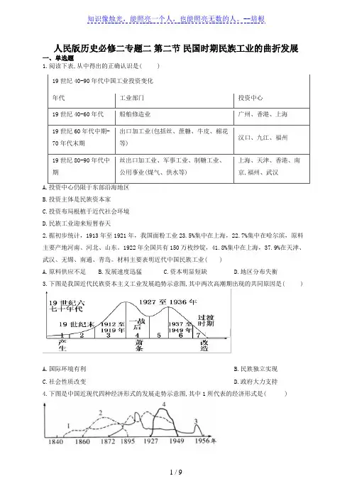 人民版历史必修二专题二 第二节 民国时期民族工业的曲折发展同步练习