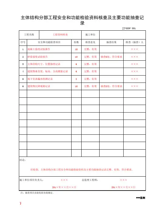 主体分部工程安全和功能检验资料核查及主要功能抽查记录(工程资料第一部分第二卷)