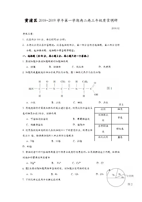 【推荐】黄浦区2019年高二高三第一学期期末(一模)学科质量检测生物试题及答案