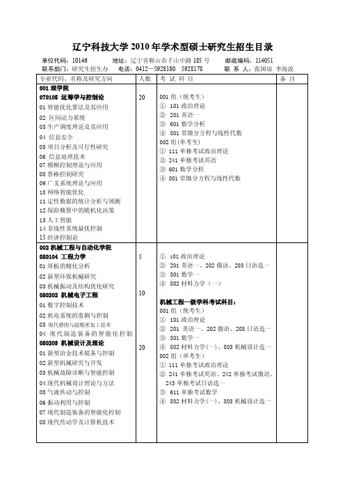 2016-2017年辽宁科技大学学术型硕士研究生招生目录（总结）
