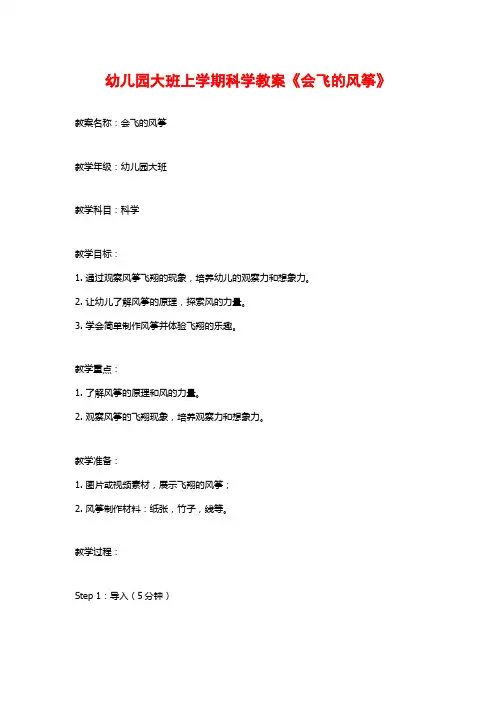 幼儿园大班上学期科学教案《会飞的风筝》