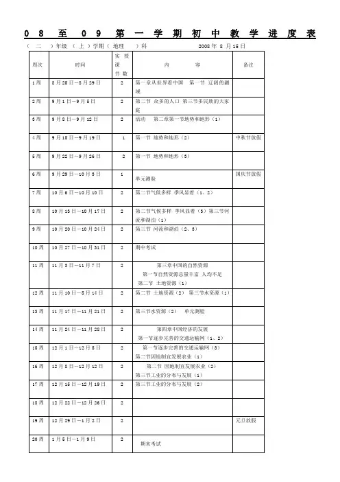 初二地理第一学期教学进度表教案