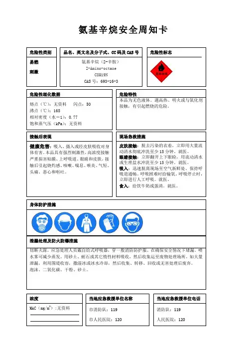 氨基辛烷安全周知卡、职业危害告知卡、理化特性表