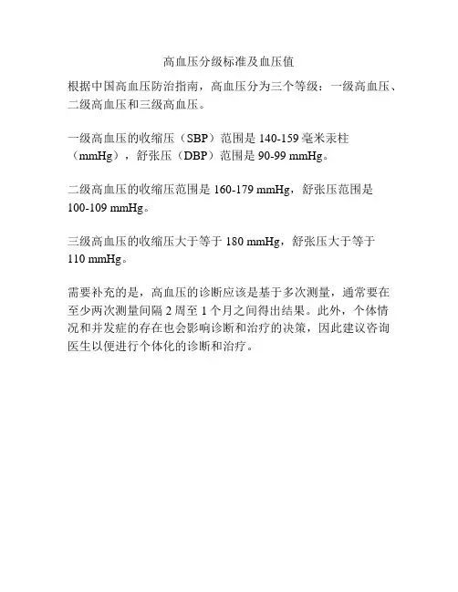高血压分级标准及血压值