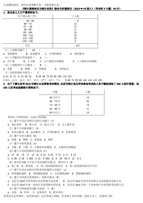 2012年《统计基础知识与统计实务》(综合分析题部分)