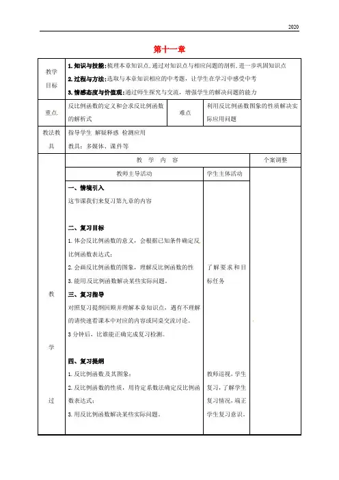 2020八年级数学下册 第十一章 反比例函数小结与思考(1)教案 (新版)苏科版