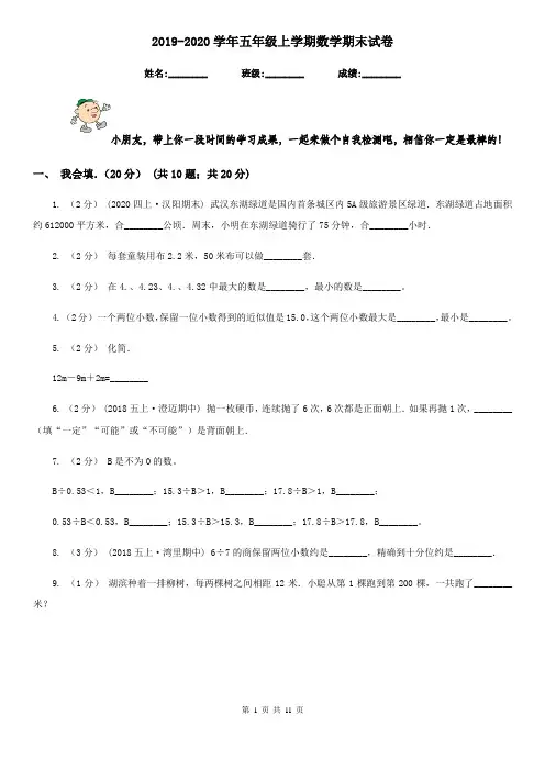 2019-2020学年五年级上学期数学期末试卷