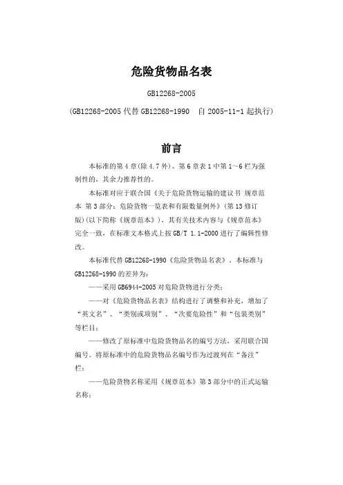 危险货物品名表讲解