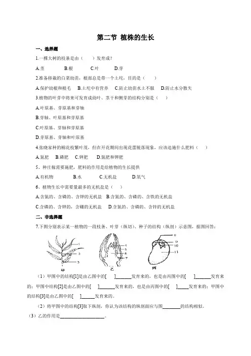 人教版七年级上册生物3.2.2植株的生长同步测试含答案
