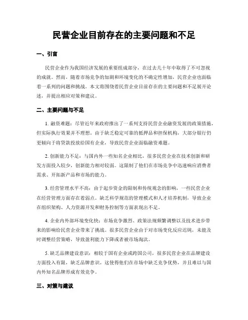民营企业目前存在的主要问题和不足