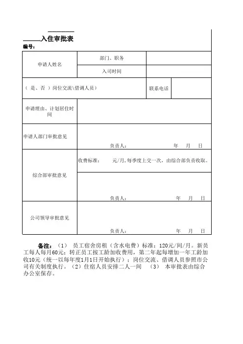 员工宿舍入住审批表