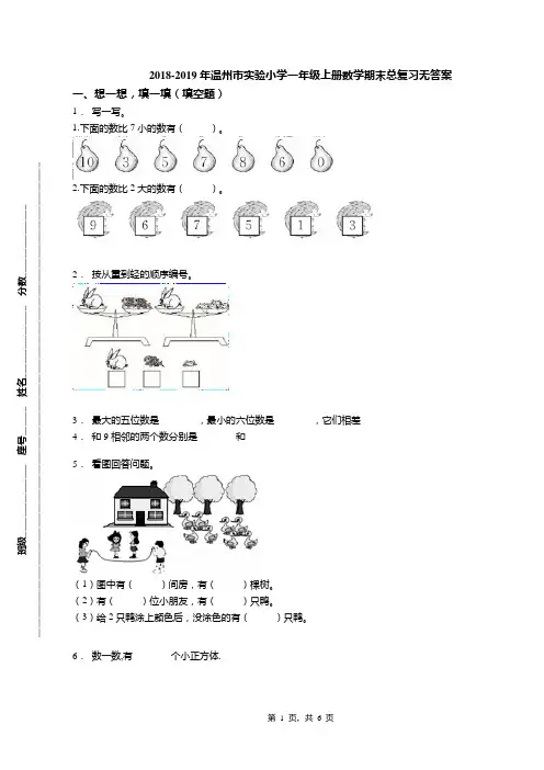 2018-2019年温州市实验小学一年级上册数学期末总复习无答案