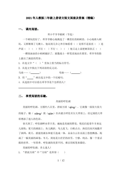 2021年人教版二年级上册语文短文阅读及答案(精编)