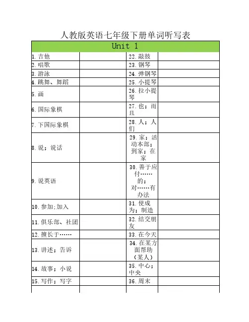 新人教版英语七年级下册单    词听写表
