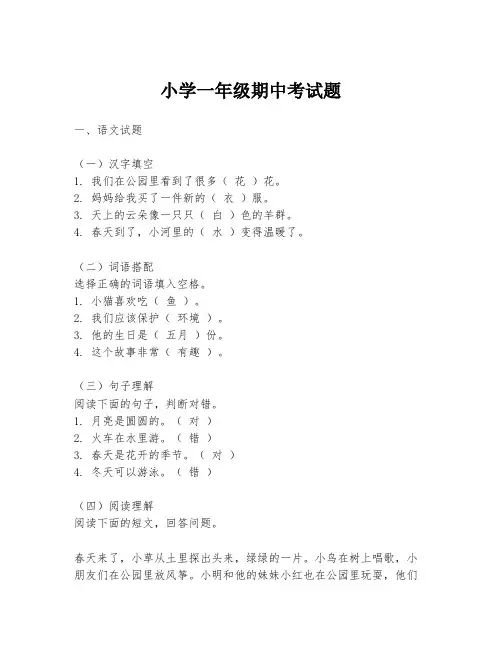 小学一年级期中考试题