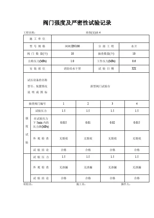 阀门强度及严密性试验记录