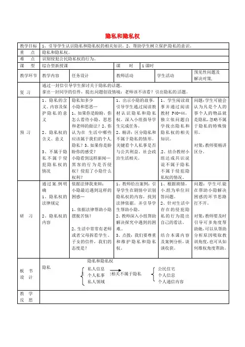 八年级政治下册第二单元第五课第1框隐私和隐私权教案新人教版