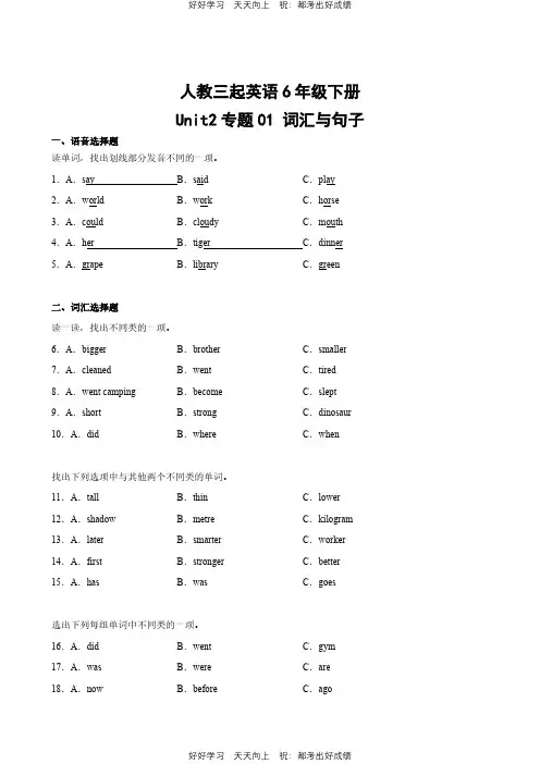 人教版(三年级起)英语六年级下册Unit2专题01 词汇与句子测试试卷(含答案)