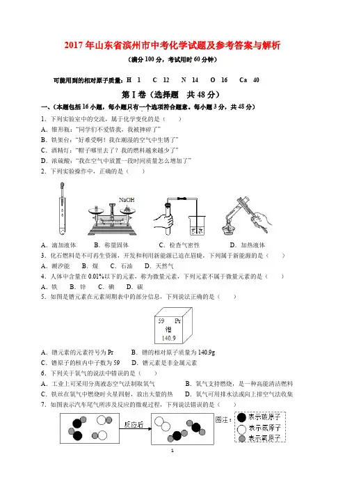 2017年山东省滨州市中考化学试题及参考答案(word解析版)