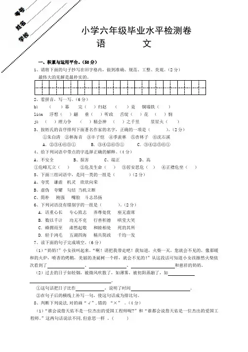 人教版小升初语文(六年级毕业)试题及参考答案 (6)