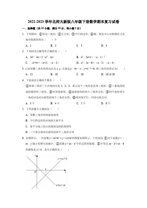 2022-2023学年北师大新版八年级下册数学期末复习试卷(含解析)