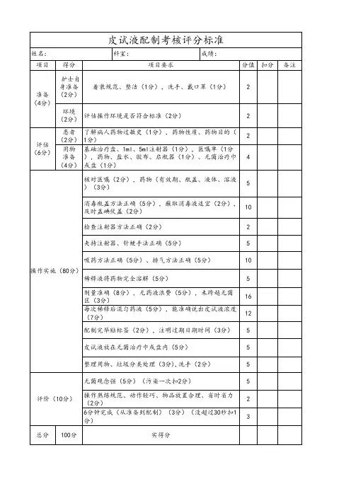 皮试液操作评分标准
