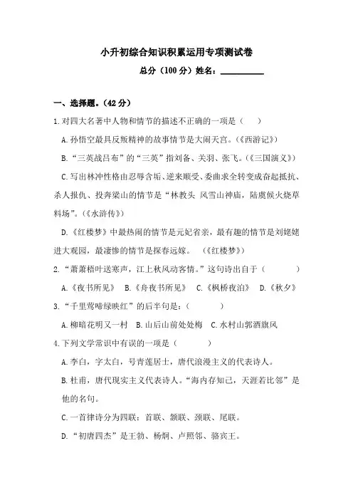六年级下册语文试题-小升初综合知识积累运用专项测试卷  (含答案)人教统编版