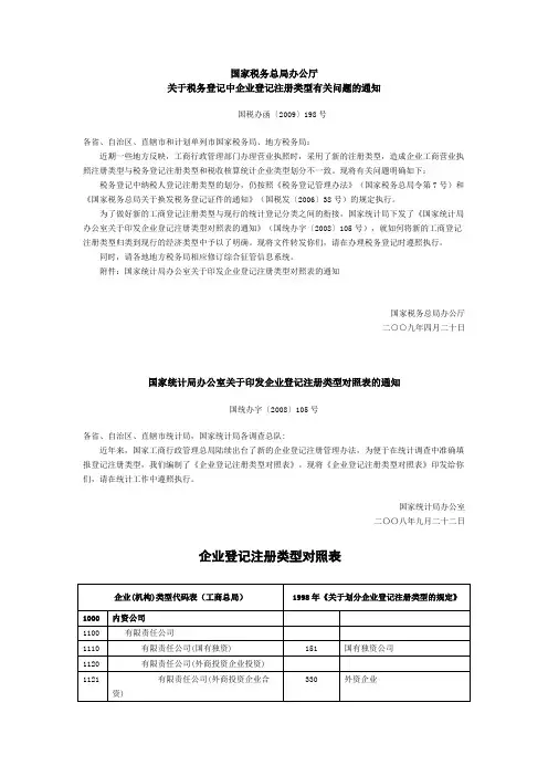 《国家税务总局办公厅关于税务登记中企业登记注册类型有关问题的通知》(国税办函〔2009〕198号)