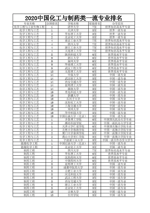 2020中国化工与制药类一流专业排名