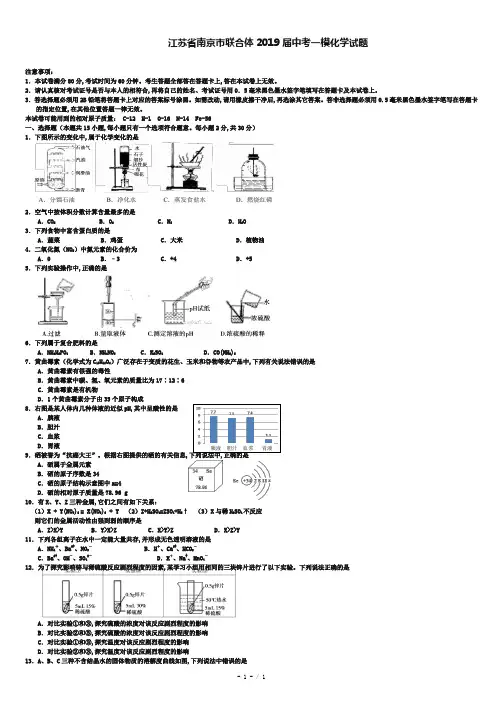 江苏省南京市联合体2019年中考一模化学试题及答案.doc