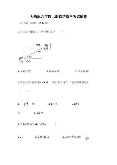 人教版六年级上册数学期中考试试卷(考点精练)