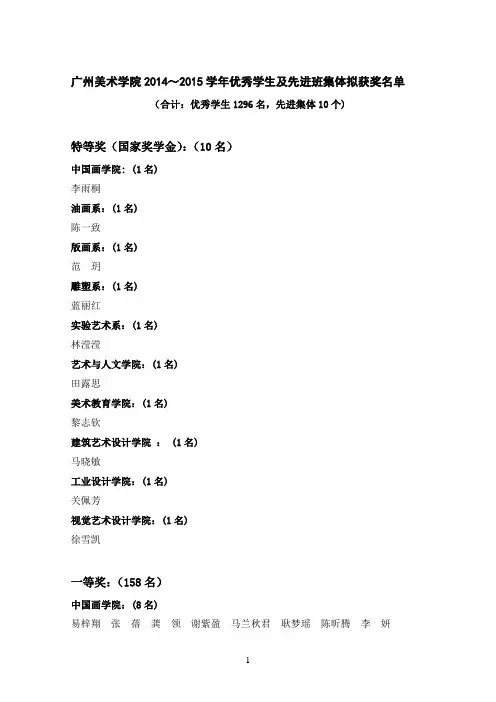 广州美术学院2014~2015学年优秀学生及先进班集体拟获奖名