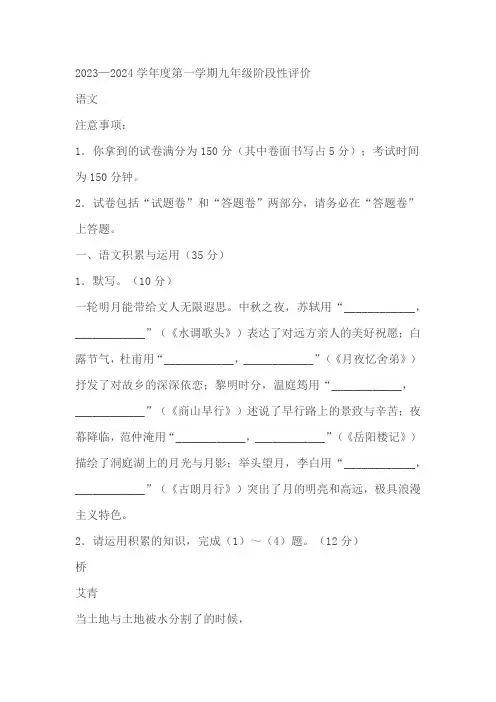 安徽省阜阳界首市2023—2024学年九年级上学期期中考试语文试题(含答案)