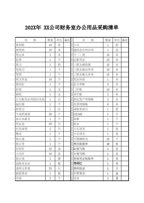 XX公司财务室办公用品采购清单Excel模板