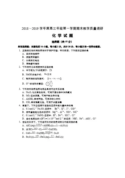 江苏省如皋中学2019届高三上学期期末教学质量调研化学试题 PDF版含答案